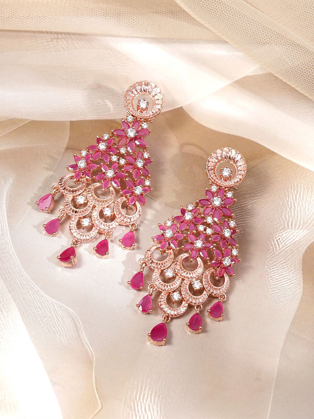 Dhiyona RJ Women's 18K Rose Gold-Plated Cubic Zirconia Studded Floral Shaped Drop Earrings