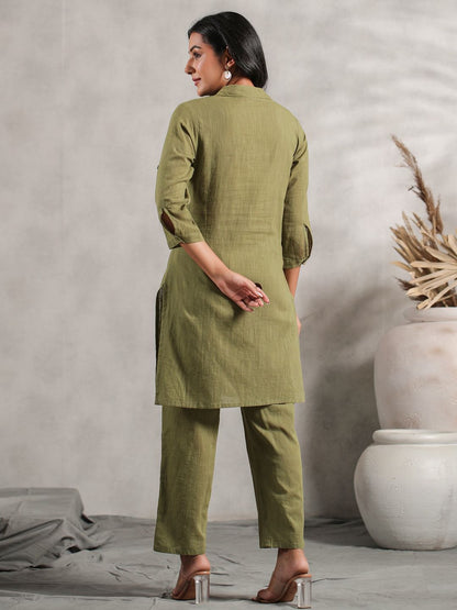 Dhiyona IS Women's Shirt Collar Cuffed Sleeves Fusion Pure Cotton Kurta with Trousers
