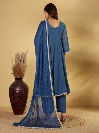 Dhiyona VA Women's Panelled Thread Work Anarkali Kurta with Palazzos & Fringed Dupatta