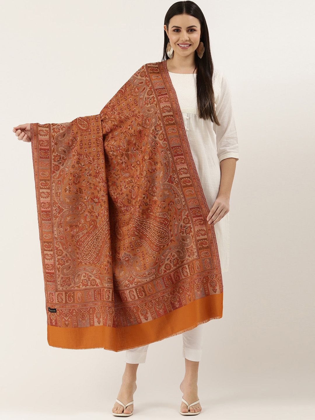 Dhiyona PA Women Mustard Brown Woven Design Wool Jamawar Shawl