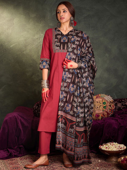 Ethnic Motifs Yoke Design Pure Cotton Straight Kurta With Trousers & Dupatta