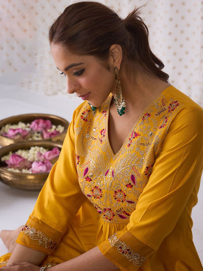 Dhiyona IE Floral Embroidered Empire Liva A-Line Kurta With Palazzo & Dupatta