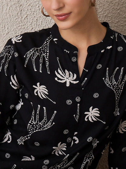 Quirky Printed Mandarin Collar A-Line Kurta With Trousers