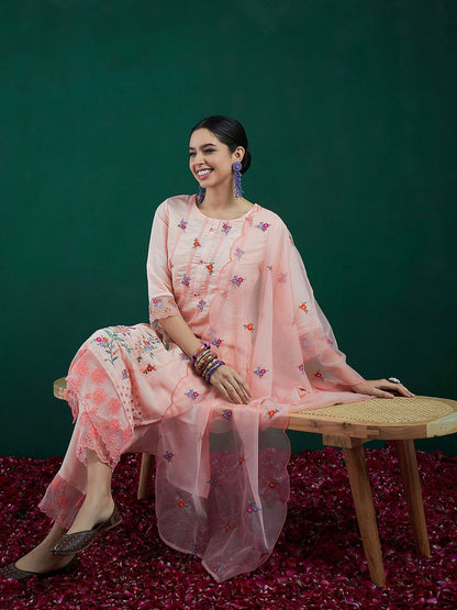 Floral Embroidered Regular Thread Work Kurta With Trousers & Dupatta