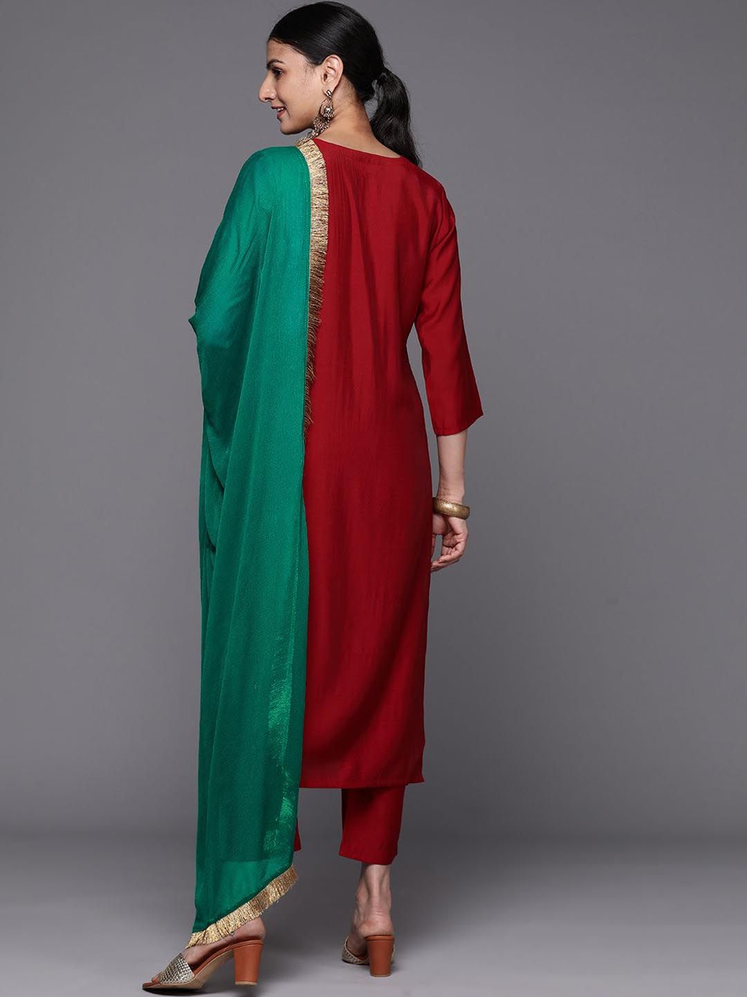Dhiyona VA Women'sEthnic Motifs Yoke Design Thread Work Straight Kurta with Palazzo & Dupatta