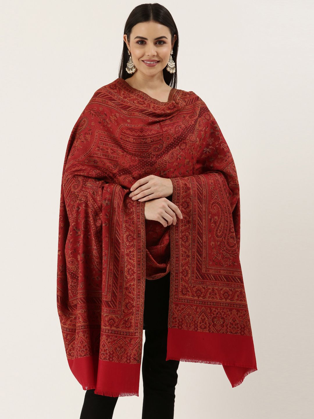 Dhiyona PA Women Red Woven Design Jamawar Shawl