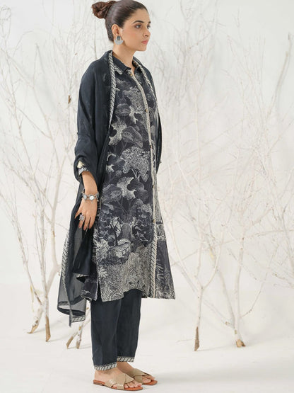 Dhiyona IS Women's Floral Printed Shirt Collar Straight Kurta with Trousers & Dupatta