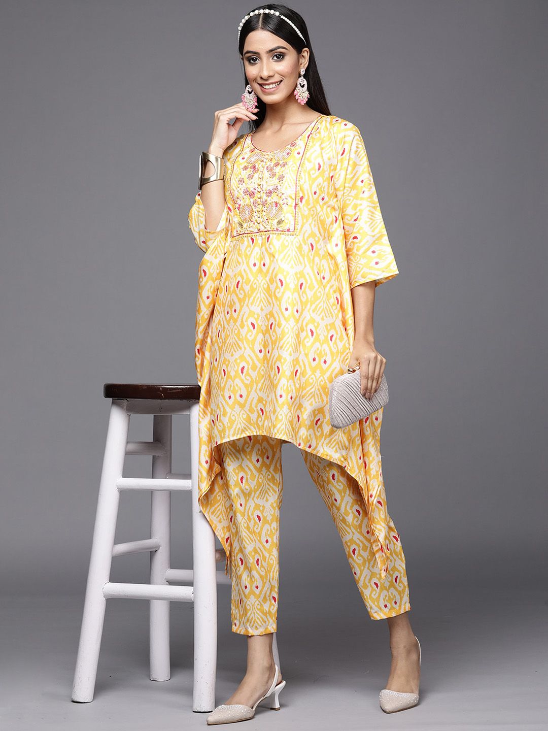 Yellow Paisley Embroidered Round Neck Straight Kurta with Trousers