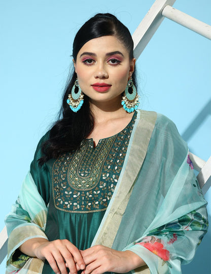 Dhiyona IE Ethnic Motifs Embroidered Sequinned Liva Kurta with Palazzos & Dupatta