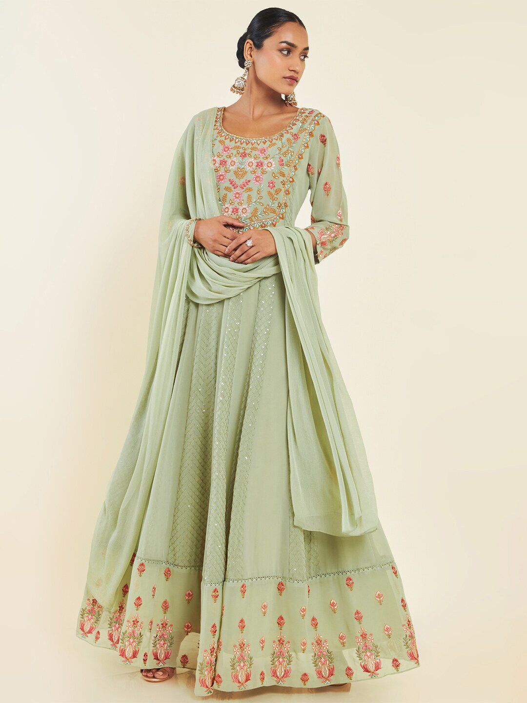 Dhiyona SO Women's Floral Embroidered Mirror Work Anarkali With Churidar & Dupatta