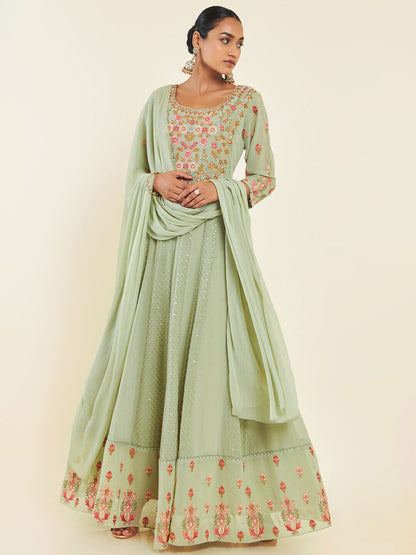 Dhiyona SO Women's Floral Embroidered Mirror Work Anarkali With Churidar & Dupatta