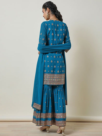 Dhiyona SO Women's Women Ethnic Motifs Embroidered Regular Thread Work Kurta with Sharara & With Dupatta
