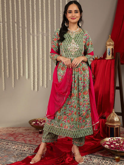 Dhiyona VA Women'sFloral Printed Gotta Patti Regular Kurta with Trousers & With Dupatta