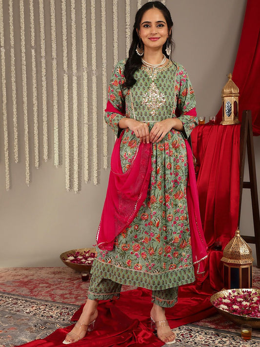 Dhiyona VA Women'sFloral Printed Gotta Patti Regular Kurta with Trousers & With Dupatta