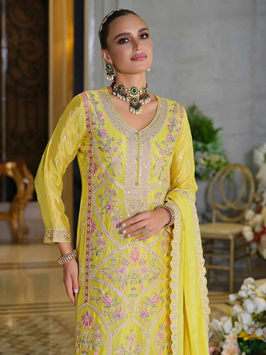 Dhiyona IE Adults-Women Woven Design Embroidered Kurta with Palazzos & Dupatta