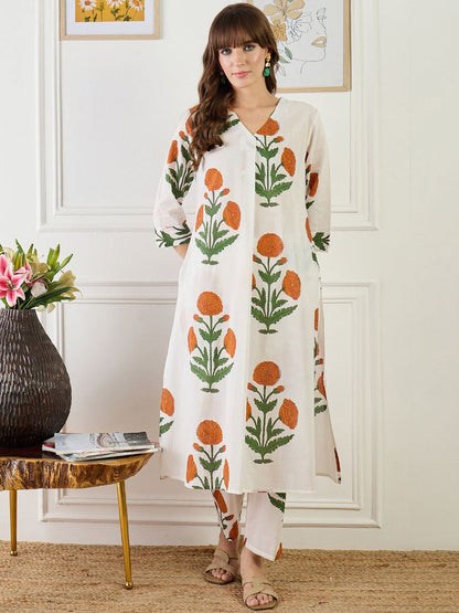 Dhiyona IE Printed Cotton V Neck Top With Trousers Co-Ords