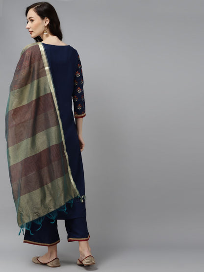 Women Blue Floral Printed Regular Kurta with Palazzos & With Dupatta