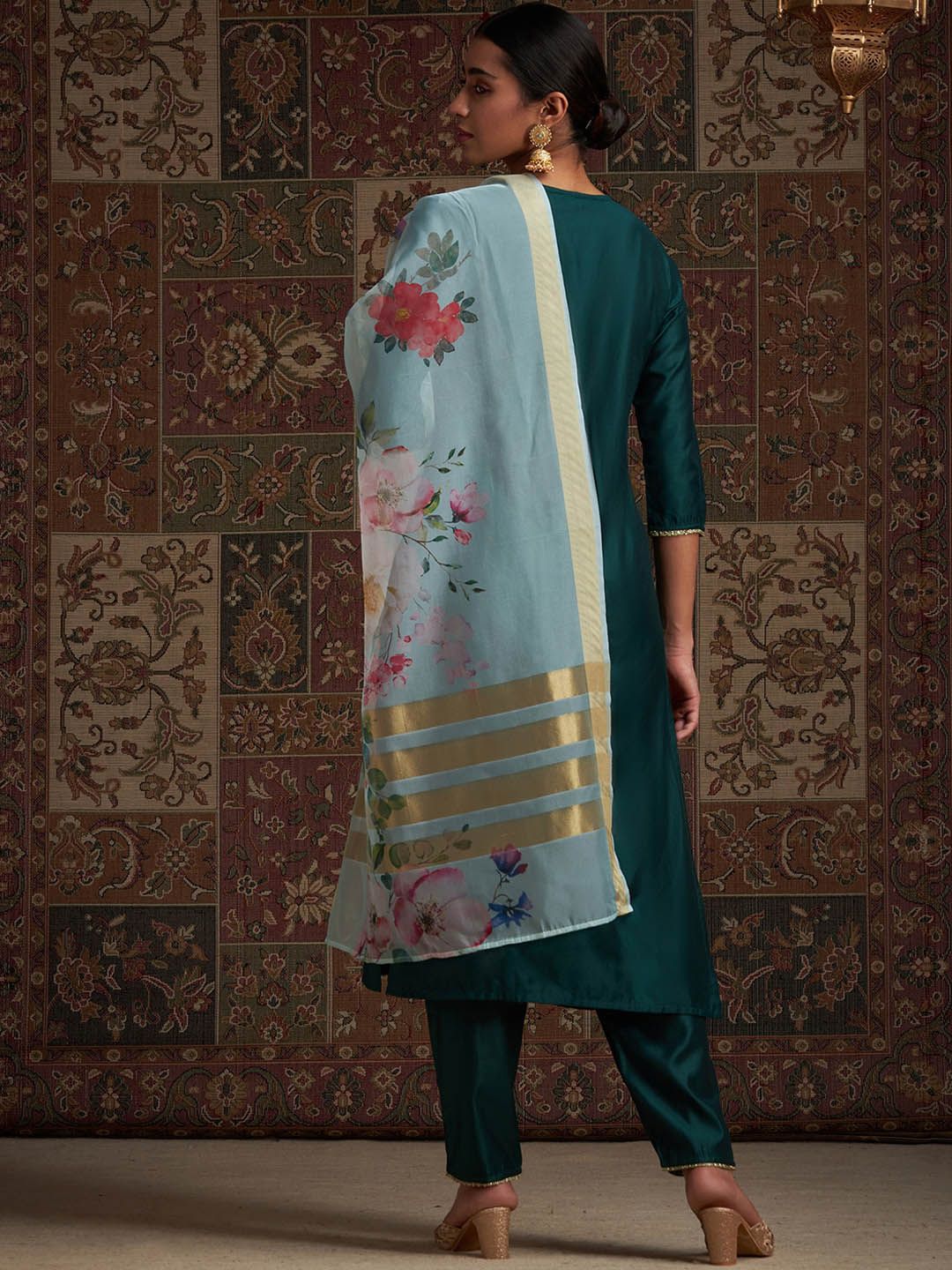 Yoke Design Sequinned Kurta & Trousers With Dupatta