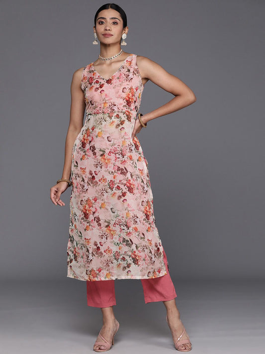 Dhiyona VA Women'sFloral Printed High Slit Kurta with Trousers