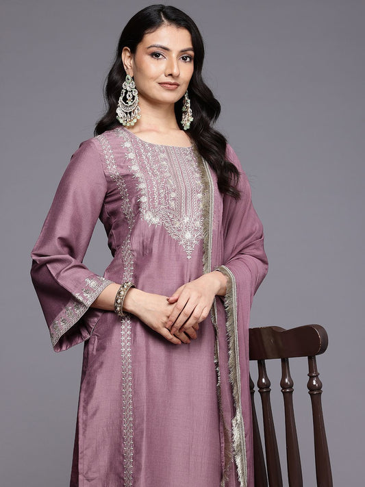 Dhiyona VA Women'sFloral Embroidered Sequinned Kurta With Palazzos & Dupatta