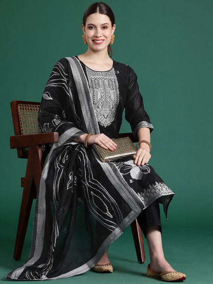 Woven Design Kurta With Trousers & Dupatta