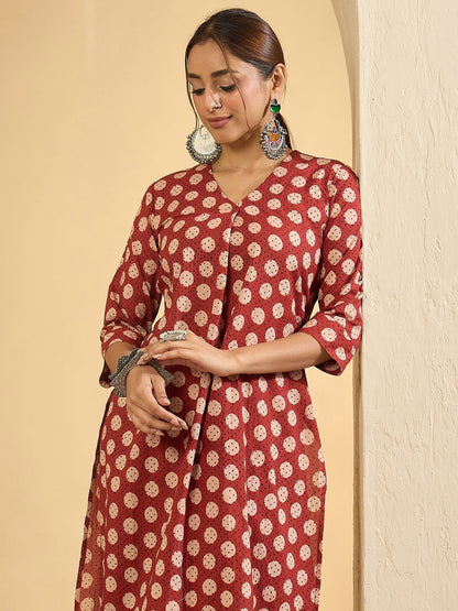 Dhiyona IE Women Printed Pleated Pure Cotton Kurta with Trousers
