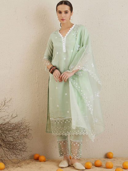 Dhiyona IE Floral Embroidered Regular Thread Work Kurta with Trousers & Dupatta