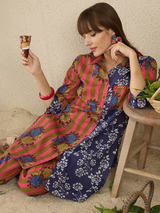Dhiyona IE Floral Screen Printed Shirt Collar Pure Cotton Straight Kurta With Trousers