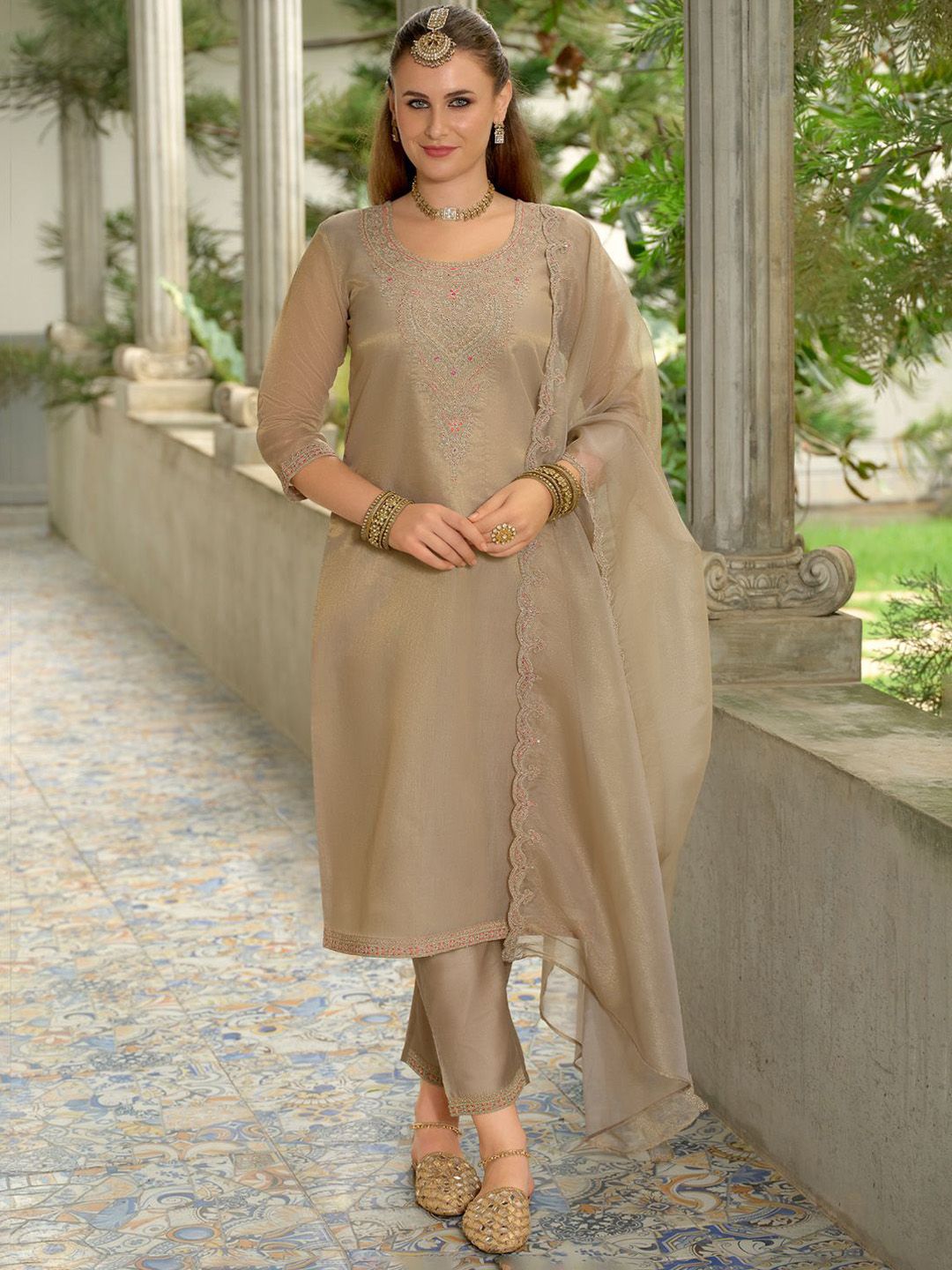 Adults-Women Woven Design Embroidered Kurta with Trousers & Dupatta