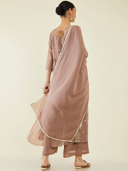 Dhiyona SO Women's Floral Embroidered Pleated Kurta with Palazzos & Dupatta