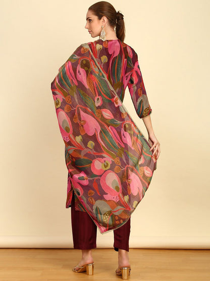 Dhiyona SO Women's Floral Printed Mirror Work Kurta With Trousers & Dupatta