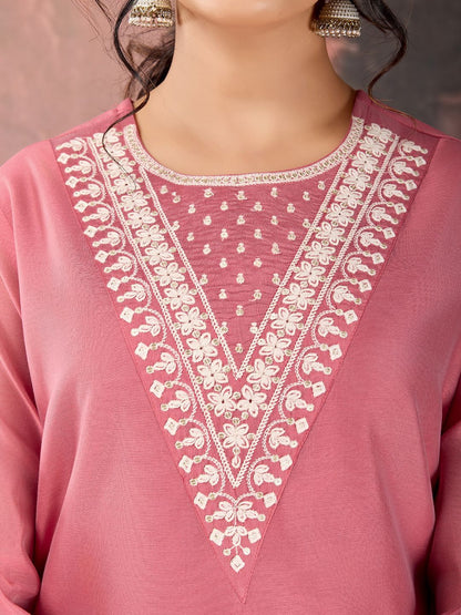 Dhiyona PD Women Floral Embroidered Chanderi Cotton Straight Kurta With Trousers & Dupatta
