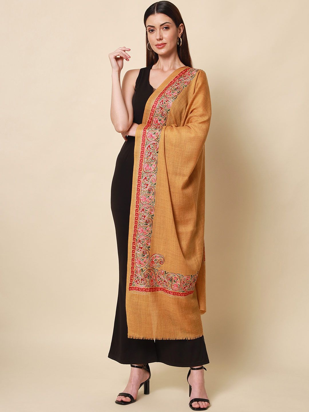 Dhiyona PA Women Yellow & Pink Embroidered Woolen Shawl