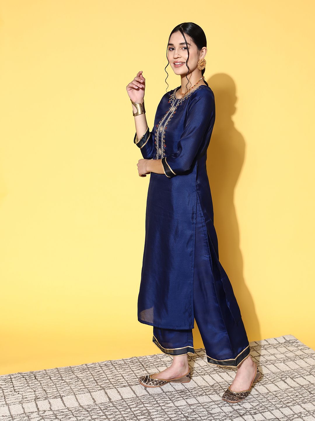 Dhiyona IE Women Navy Blue Ethnic Motifs Woven Design Sequined Kurta with Trousers & Dupatta
