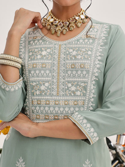 Dhiyona VA Women'sSea Green Floral Embroidered Thread Work Straight Kurta With Trousers & Dupatta