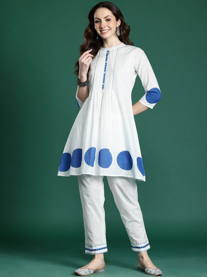 Printed PleatedPure Cotton Kurta with Trousers