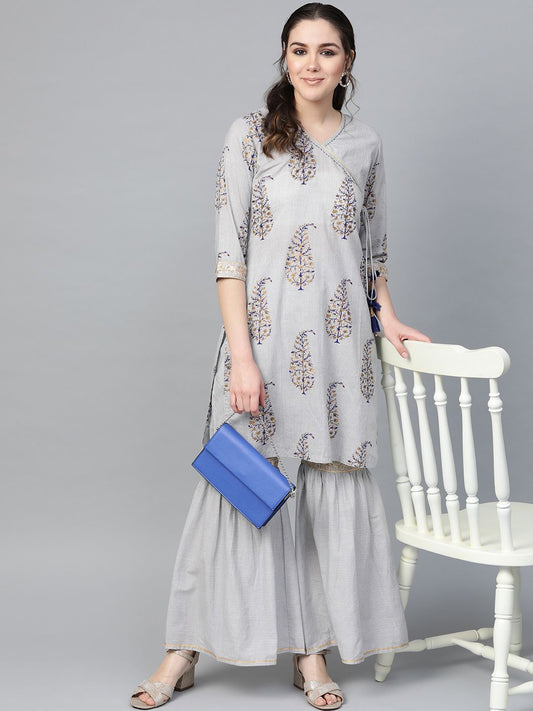 Dhiyona VA Women's Grey & Golden Angrakha Printed Kurti with Sharara