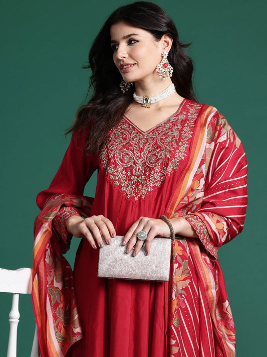 Dhiyona IE Floral Embroidered Sequinned Kurta With Trousers & Dupatta