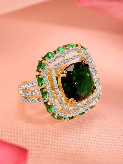 Dhiyona RJ Women's 22K Gold-Plated Emerald Green & Cubic Zirconia Studded Adjustable Finger Ring