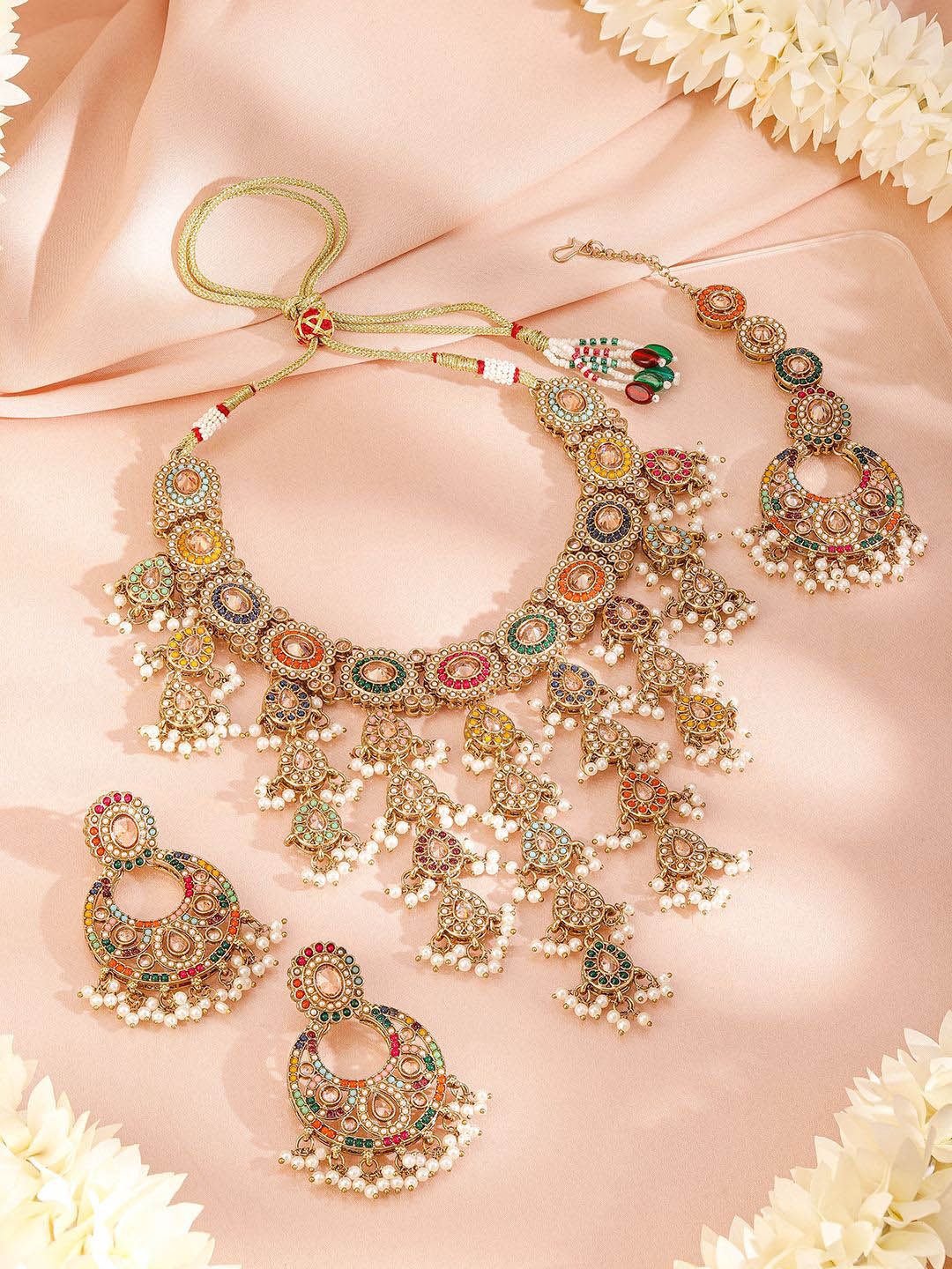 Dhiyona RJ Women's 22K Gold-Plated Multicolor Kundan & Cubic Zirconia Studded Bridal Jewelry Set