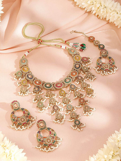 Dhiyona RJ Women's 22K Gold-Plated Multicolor Kundan & Cubic Zirconia Studded Bridal Jewelry Set