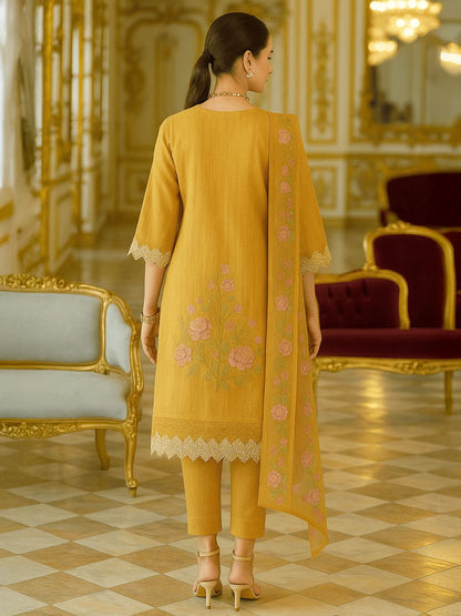 Dhiyona VA Women'sFloral Embroidered V-Neck Thread Work Pure Cotton Kurta With Trousers And Dupatta