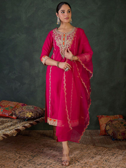Women Ethnic Motifs Embroidered Regular Kurta with Trousers & With Dupatta