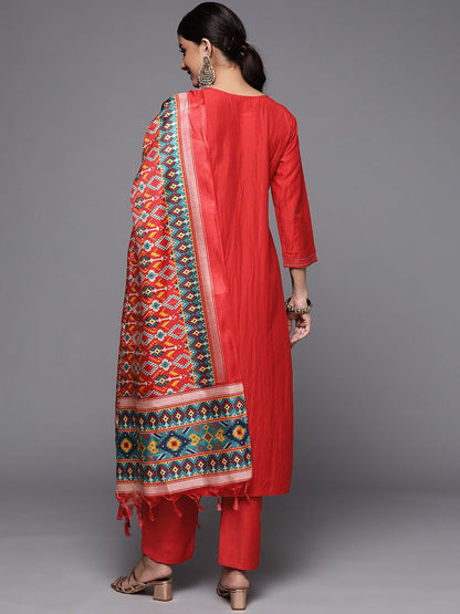 Dhiyona VA Women's Rust Embroidered Empire Kurta with Trousers & With Dupatta