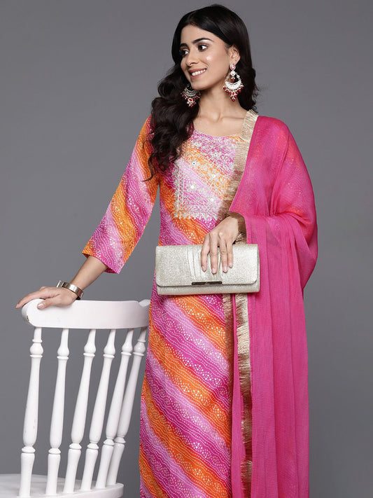 Dhiyona VA Women'sBandhani Embroidered Zari Kurta with Trousers & Dupatta