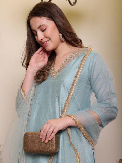 Dhiyona PD Women Woven Design Round Neck Three-Quarter Sleeves Chanderi Cotton Kurta Set