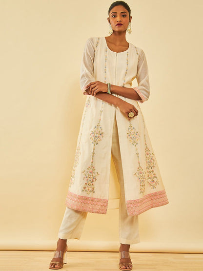 Dhiyona SO Women's Alina Cut Cream Ethnic Motifs Embroidered Thread Work A-Line Kurta With Trousers & Dupatta