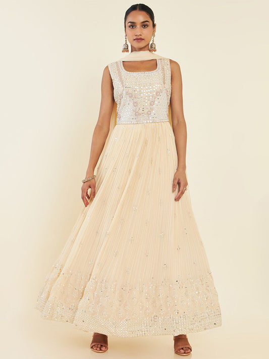 Dhiyona SO Women's Ethnic Motif Embroidered Mirror Work Anarkali Kurta With Churidar & Dupatta
