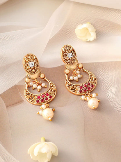 Dhiyona RJ Women's 24K Gold-Plated Ruby, Kundan Studded & Pearl Drops Rectangle Motif Necklace Set
