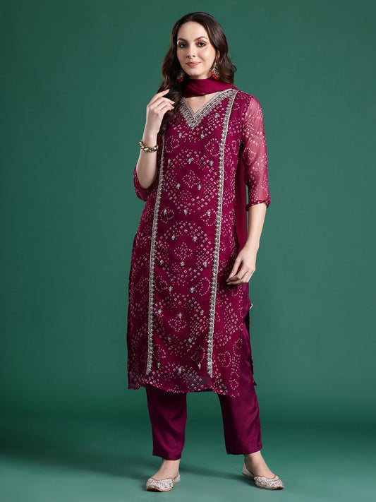 Bandhani Printed Zari Panelled Silk Chiffon Kurta with Trousers & With Dupatta